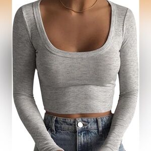 Gray Ribbed Long Sleeve Crop Top